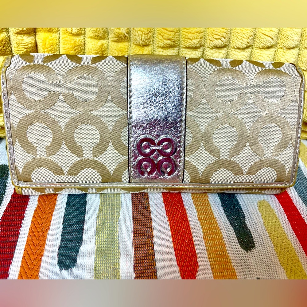 COACH Beige Gold Canvas & Leather Wallet.